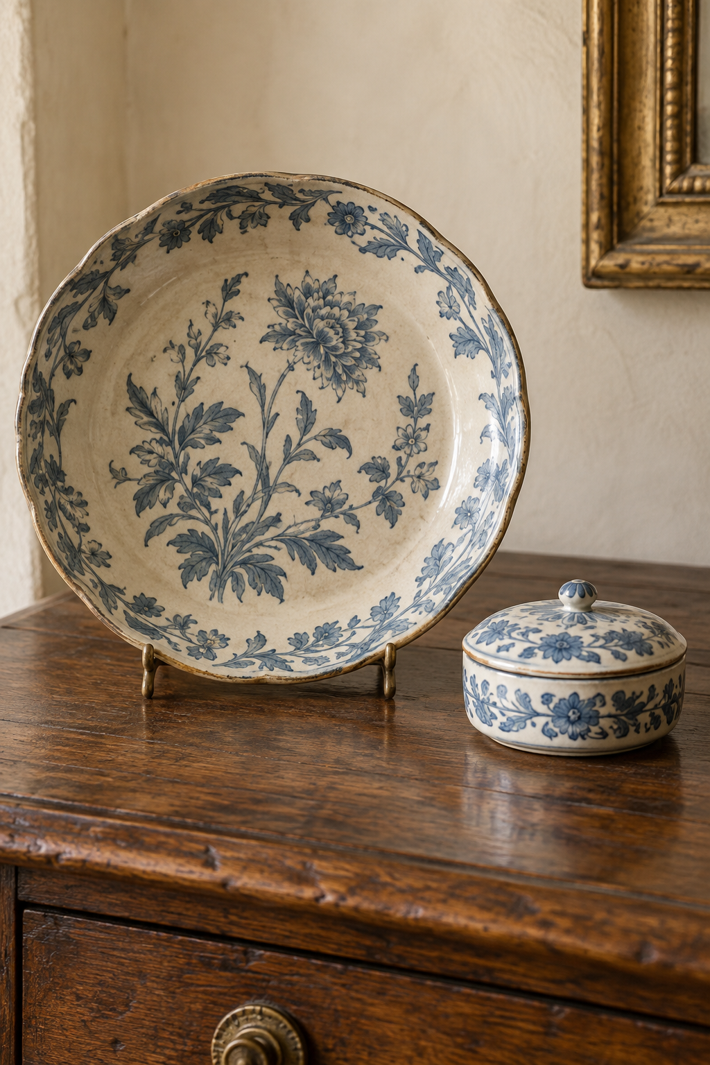 AI illustration of a blue and ivory ceramic dish with a matching small lidded box on a wooden table.