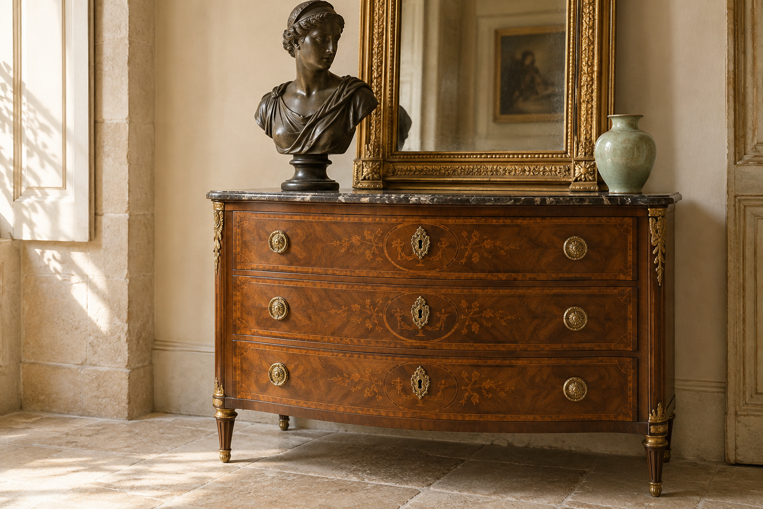 AI-generated still life: a wooden chest of drawers, bronze bust, gilded mirror and celadon vase.