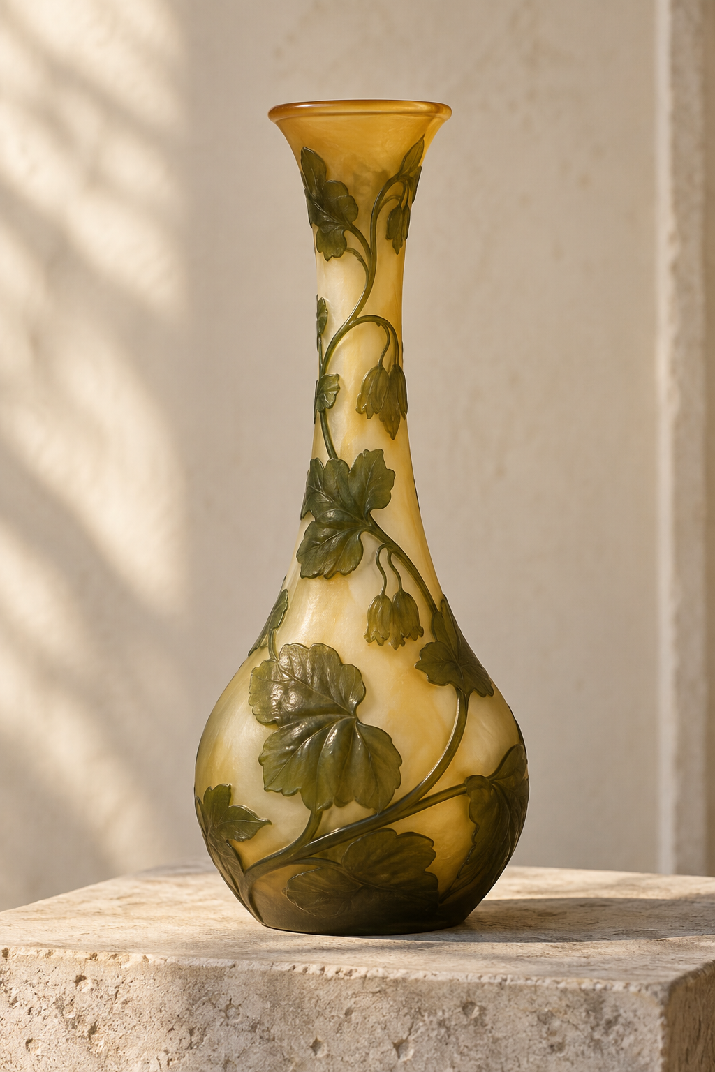 AI illustration of an Art Nouveau-inspired amber glass vase with olive-green botanical motifs.