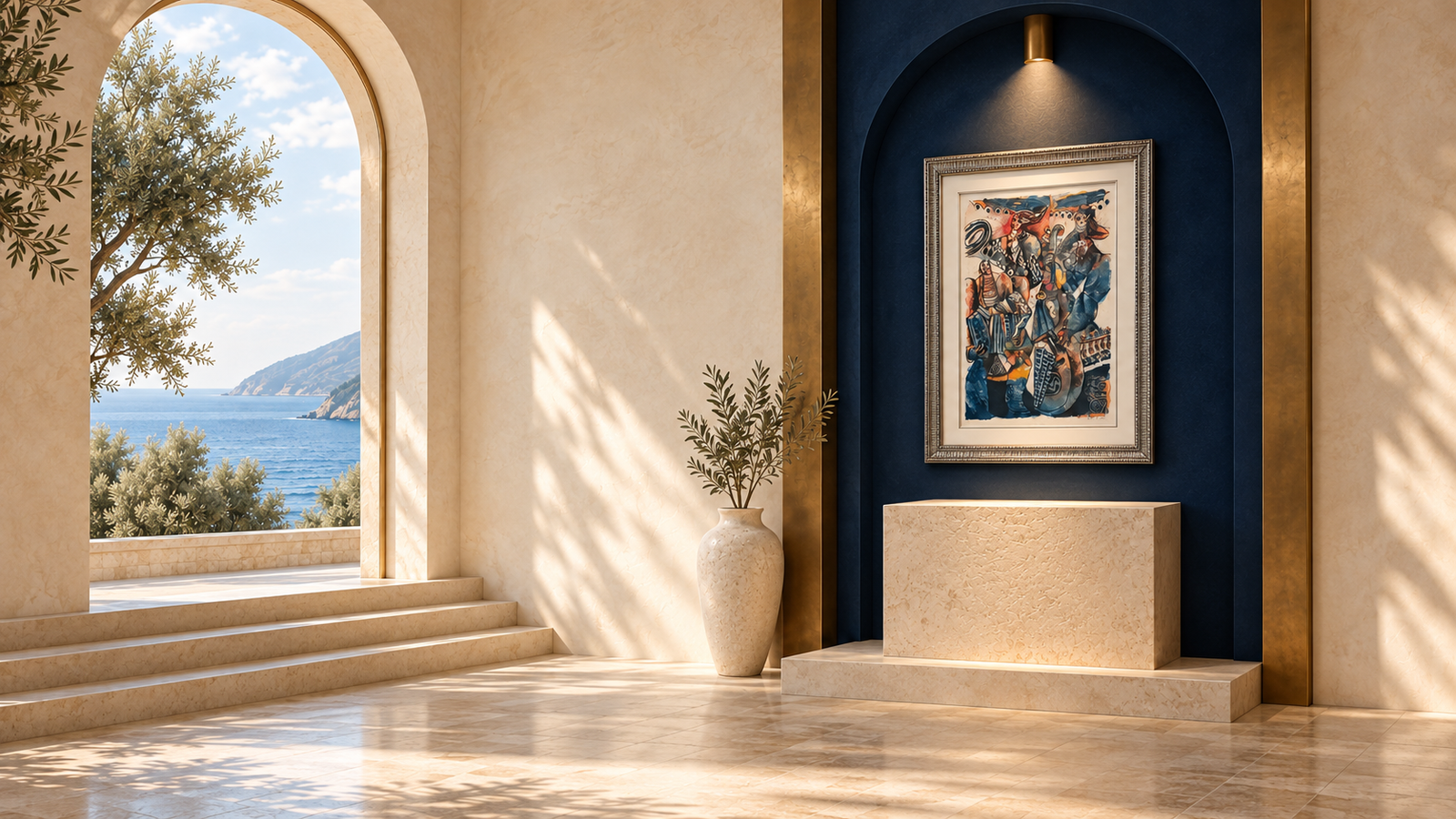 Framed artwork in a Mediterranean interior overlooking the sea